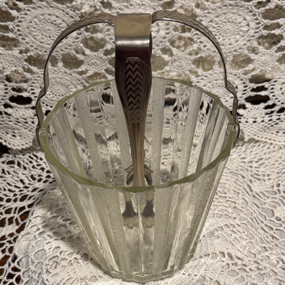 Ice Bucket -Eloquent Glass, Vintage with Metal-like Tongs